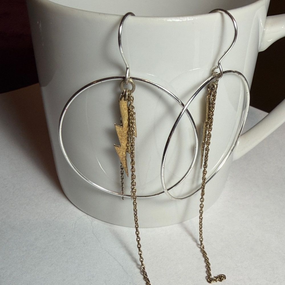 Silver Hoop Earrings with Gold Lightning Accent and Chains Grunge Vintage